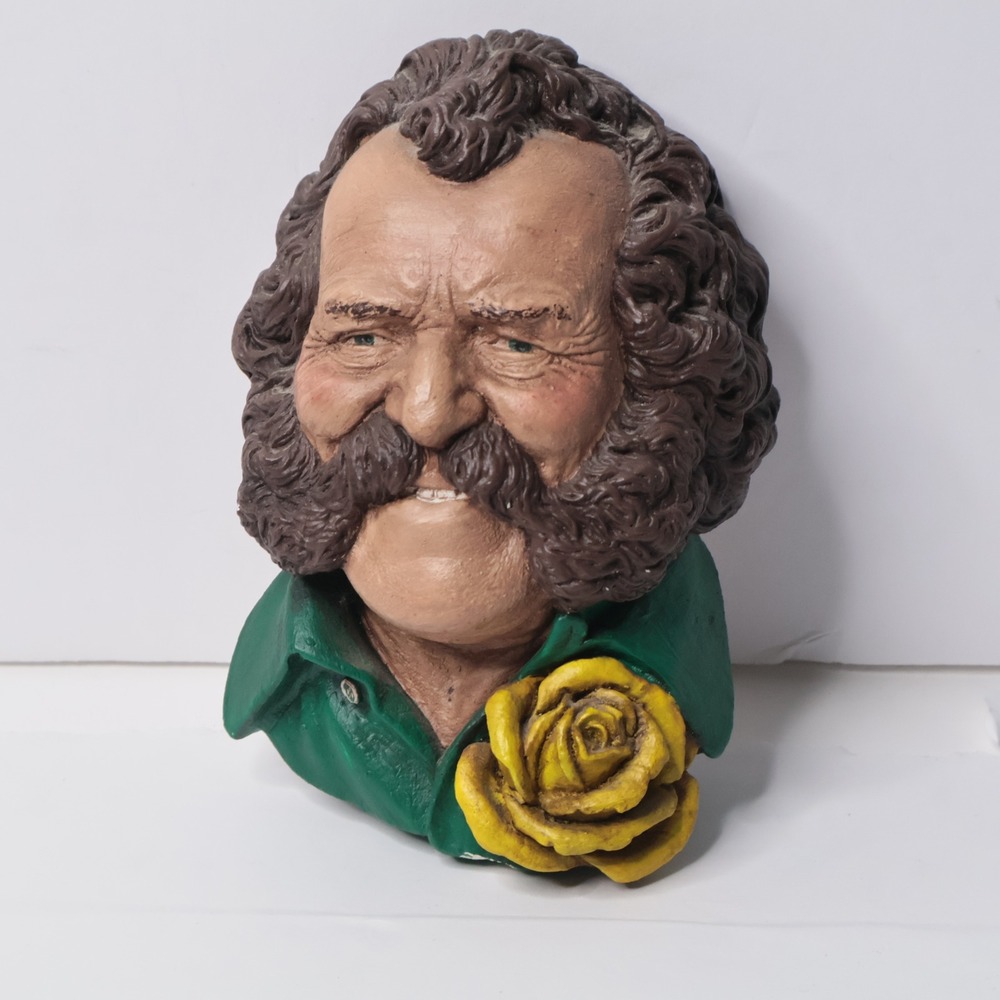 VTG 70s Harry Wheatcroft Chalkware Wall Bust Hanging Green Top Yellow Rose 6" *